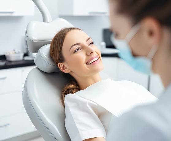 Happy patient in dental treatment chair