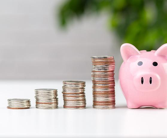 Coins next to a piggy bank